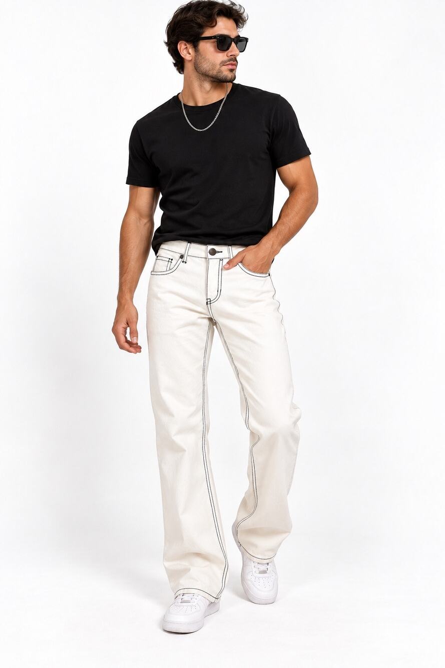 Pascali Men’s Jeans 34x32 White Black Contrast Stitch Y2K Embellished NWT